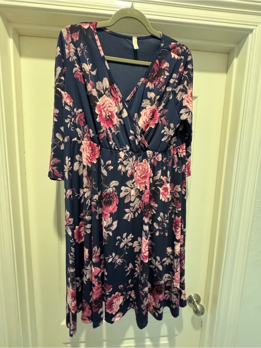 Pink Blush Sz 1X Maternity Floral Wrap-Front Dress in Navy and Pink (no tie)